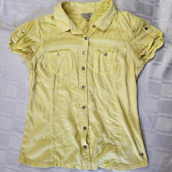 GUESS WOMEN'S SHORT SLEEVE SHIRT YELLOW SIZE MEDIUM FASHION WEAR DESIGNER - Picture 12 of 14